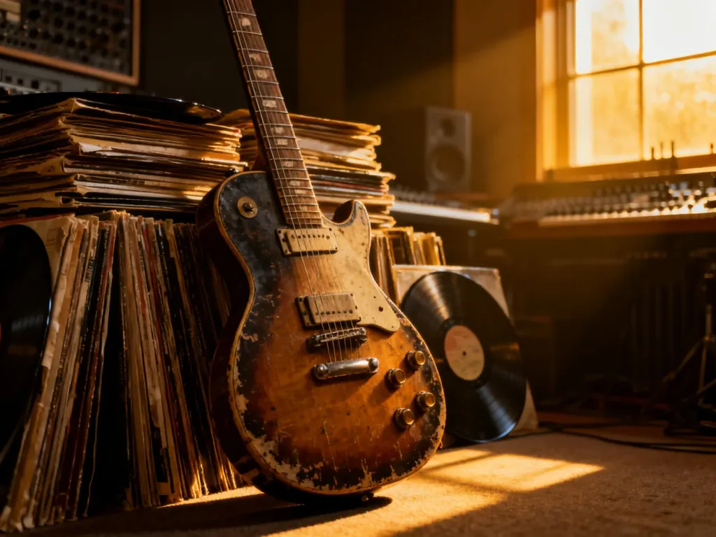 Zniszczona gitara elektryczna oparta o stos płyt winylowych w klimatycznym studiu nagraniowym.