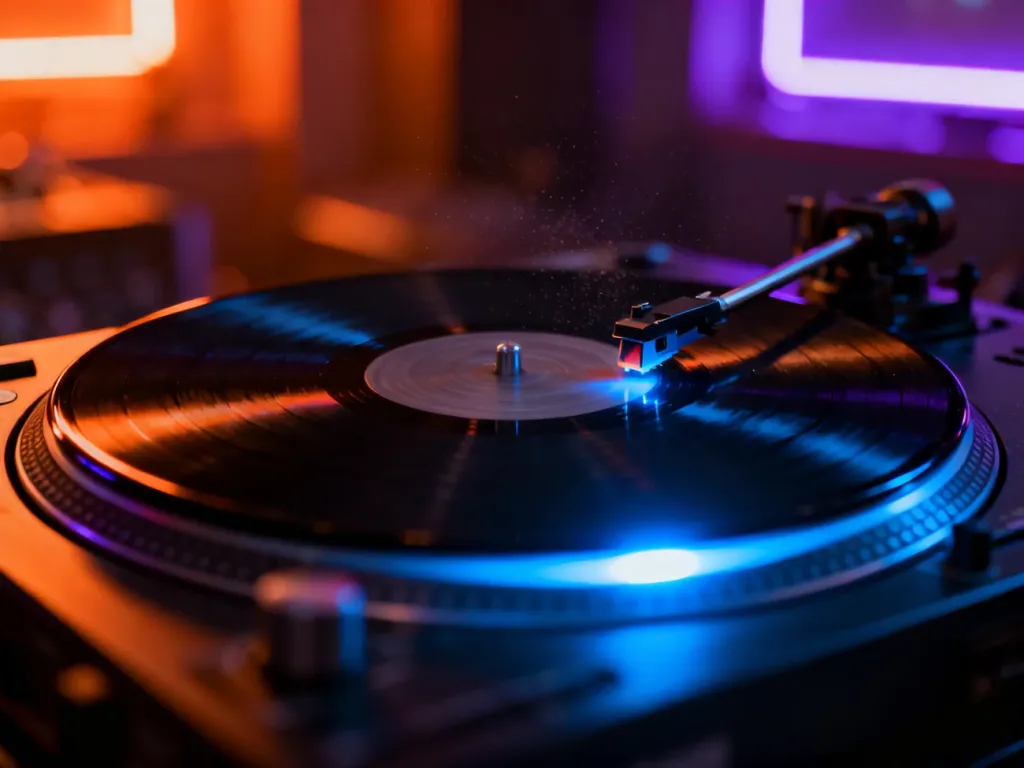 Profesjonalny gramofon z wirującą płytą winylową w nastrojowym, klubowym oświetleniu, oddający klimat muzyki deep house.