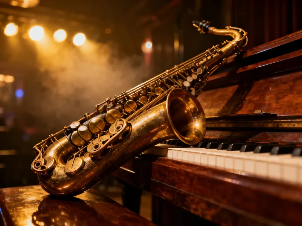 Złoty saksofon spoczywający na pianinie w nastrojowym klubie jazzowym, podkreślający klimat i historię tego gatunku muzyki.