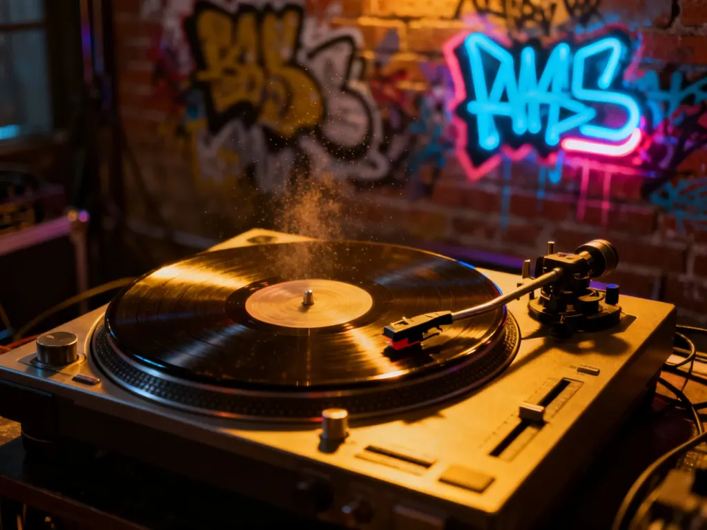 Gramofon z płytą winylową na tle graffiti, oddający klimat początków polskiej kultury hip-hopowej.