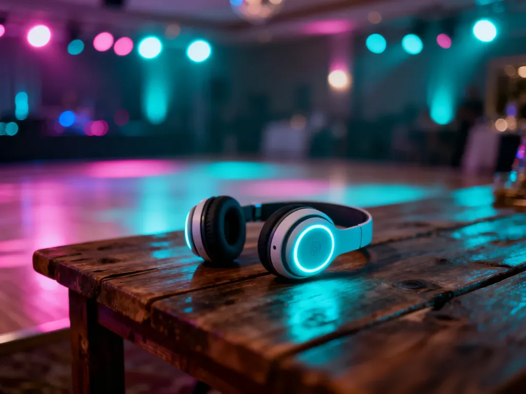 Świecące słuchawki bezprzewodowe na drewnianym stole w tle rozmytego parkietu z kolorowymi światłami typu silent disco.