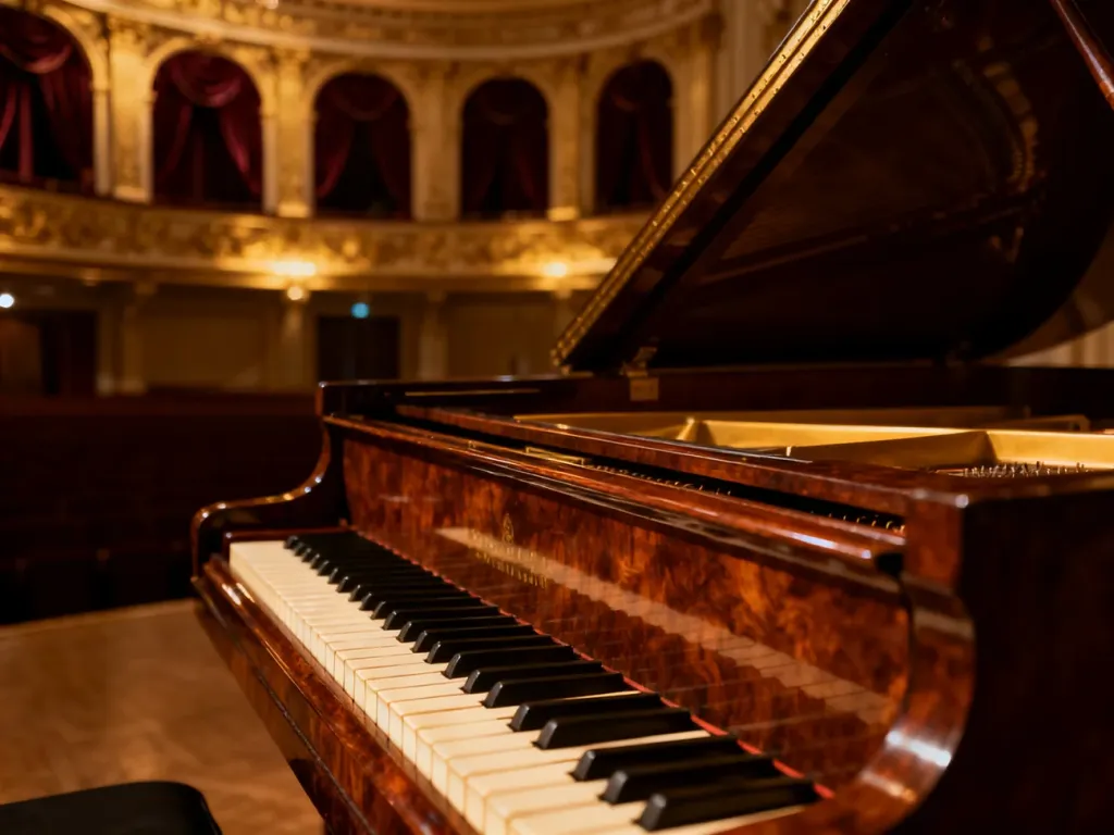Zbliżenie na klawiaturę zabytkowego fortepianu w historycznej sali koncertowej, podkreślające elegancję instrumentu.