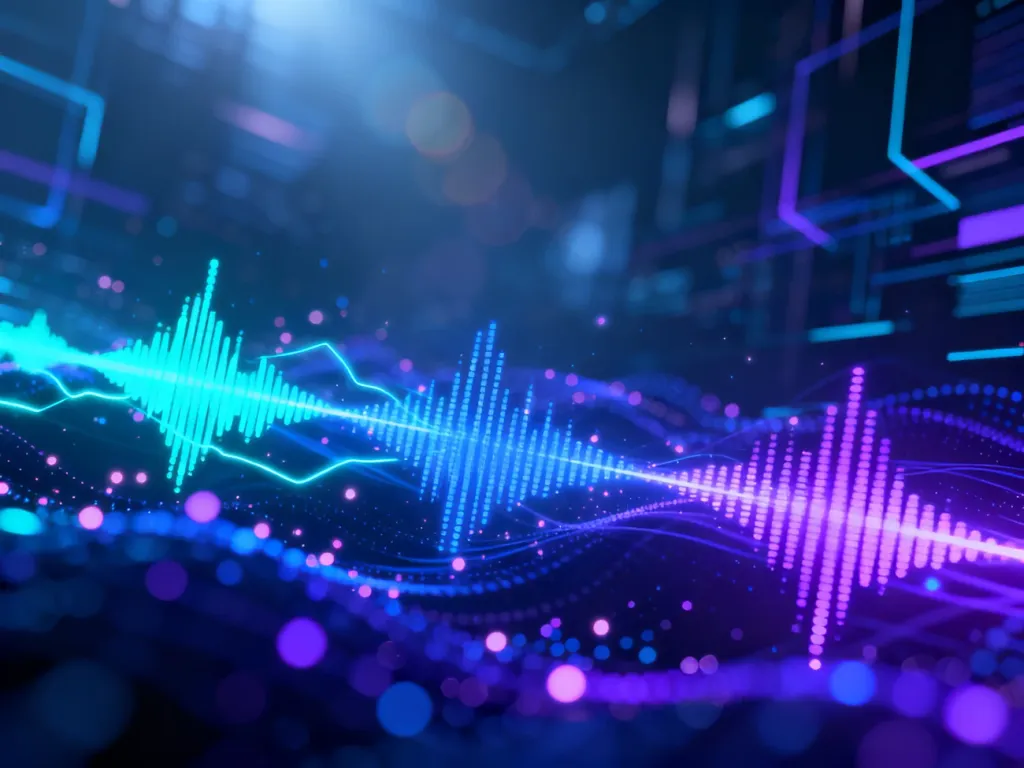 Abstrakcyjna wizualizacja dźwięku z pulsującymi neonowymi falami w odcieniach błękitu, oddająca energię muzyki progressive trance.