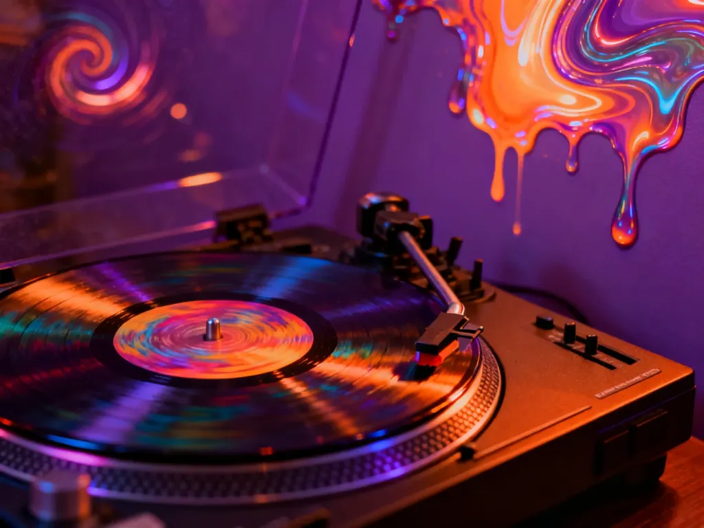 Gramofon z kolorową płytą winylową na tle psychodelicznych projekcji świetlnych, oddający klimat muzyki lat 60. i 70.