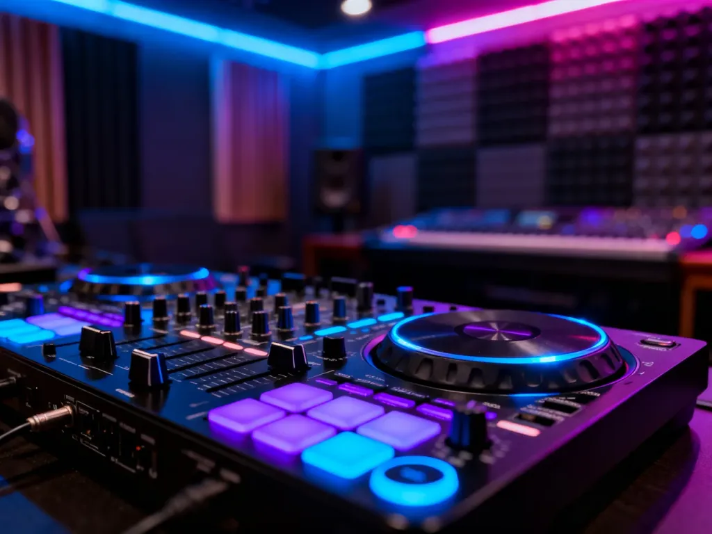 Nowoczesny kontroler DJ-ski z podświetlanymi przyciskami w profesjonalnym studiu nagraniowym.