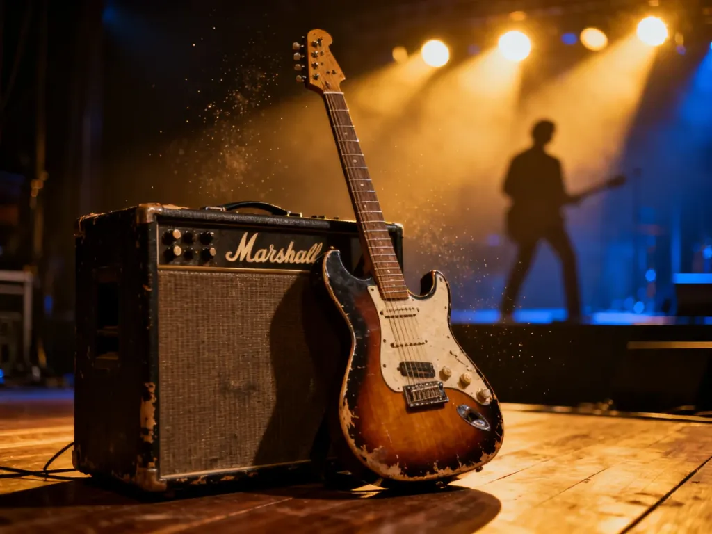 Vintage gitara elektryczna oparta o wzmacniacz Marshall na koncertowej scenie w nastrojowym oświetleniu.