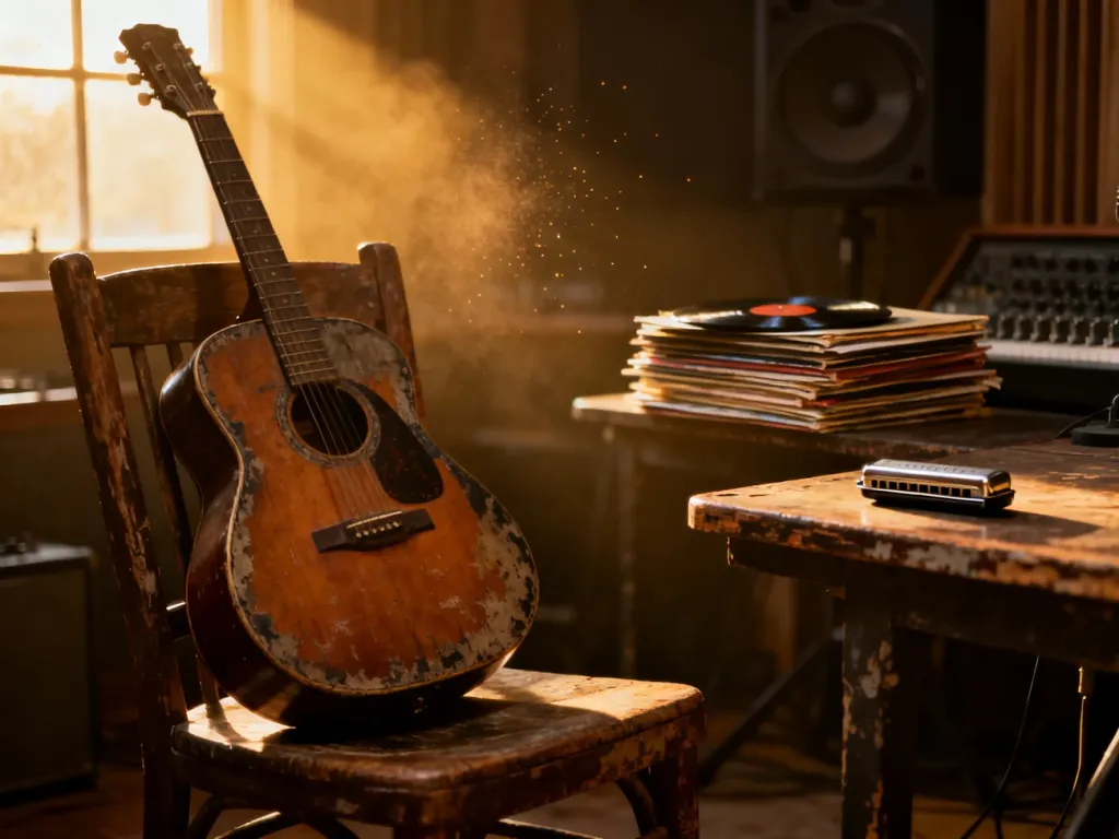 Stara gitara akustyczna i harmonijka w klimatycznym studiu nagraniowym, nawiązujące do twórczości Boba Dylana.