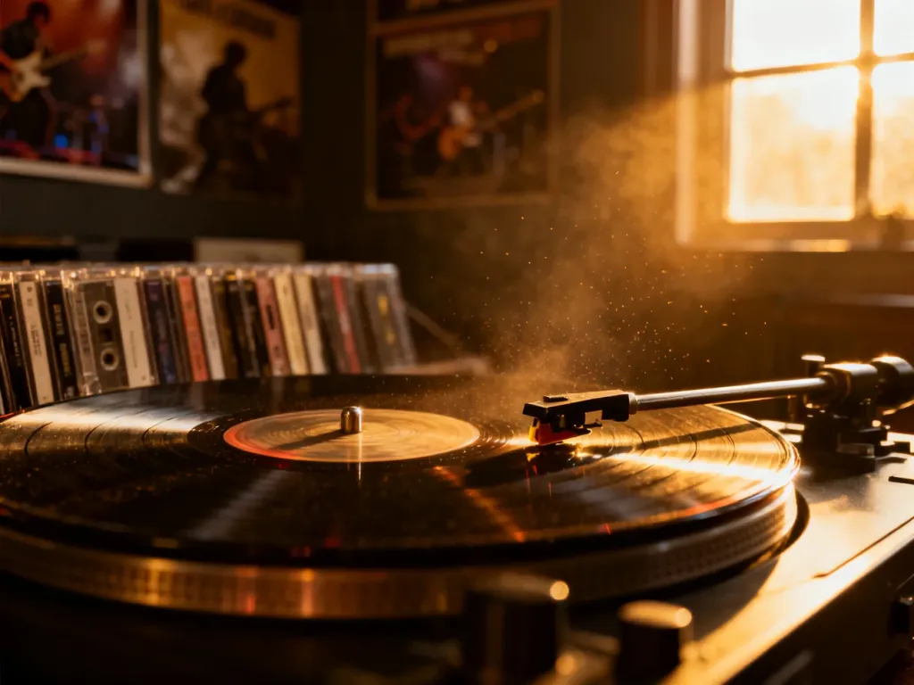 Gramofon odtwarzający płytę winylową w nastrojowym pokoju z kolekcją kaset i plakatami muzycznymi w tle.