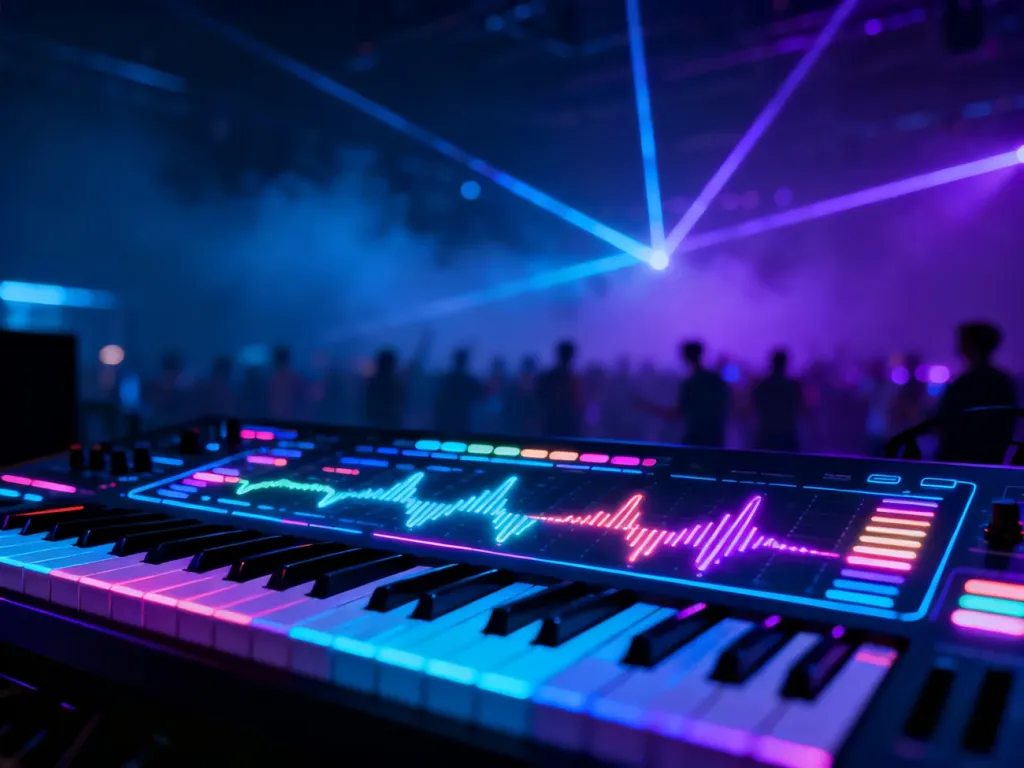 Neonowy interfejs syntezatora i rozmyty parkiet w świetle laserów, symbolizujące dynamiczną ewolucję muzyki trance.