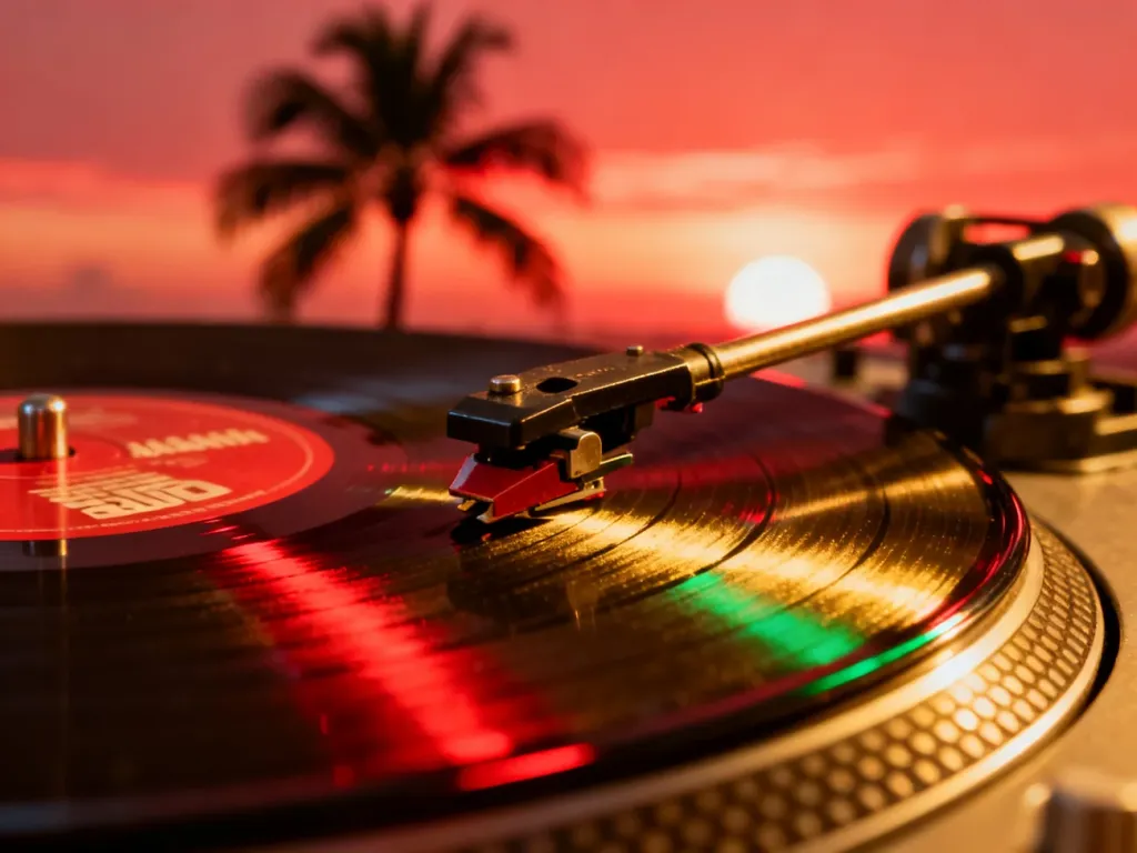 Igła gramofonowa na płycie winylowej w otoczeniu barw reggae, nawiązująca do klimatu i historii tego gatunku muzycznego.