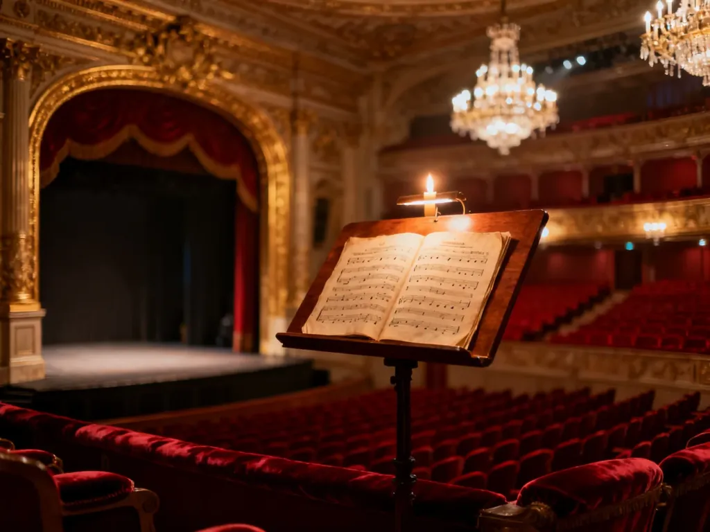 Wnętrze siedemnastowiecznego włoskiego teatru operowego z nutami na pulpicie, podkreślające historyczny klimat epoki.