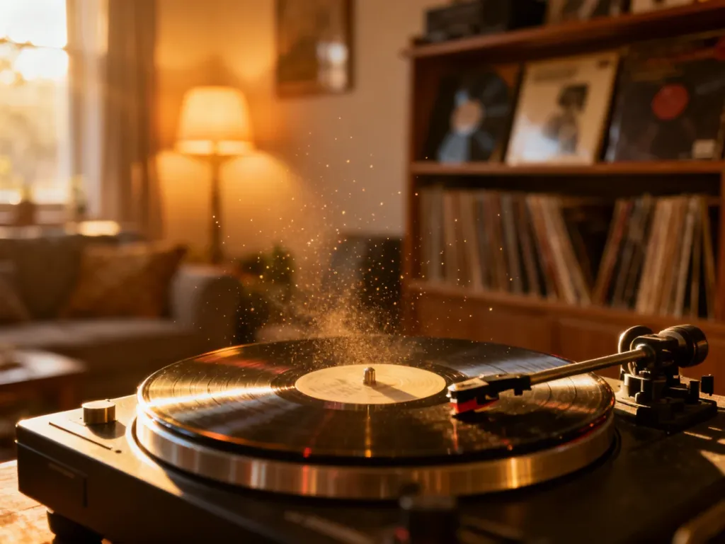 Gramofon z obracającą się płytą winylową w ciepłym świetle, budujący nostalgiczny klimat polskiej muzyki.
