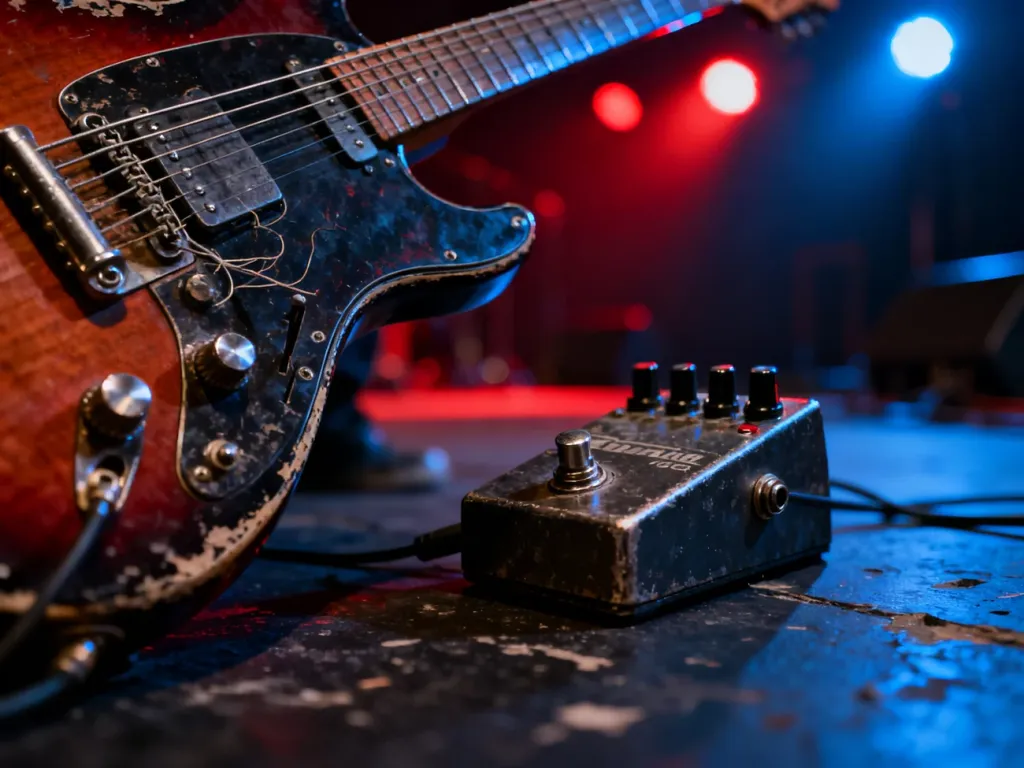 Elektryczna gitara z efektem distortion na mrocznej scenie, podkreślająca surowy klimat muzyki metalowej.