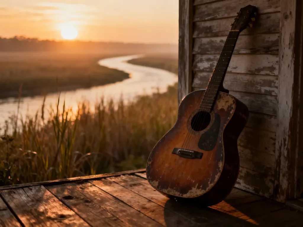 Stara gitara akustyczna na drewnianym ganku w scenerii delty Mississippi, nawiązująca do korzeni muzyki bluesowej.