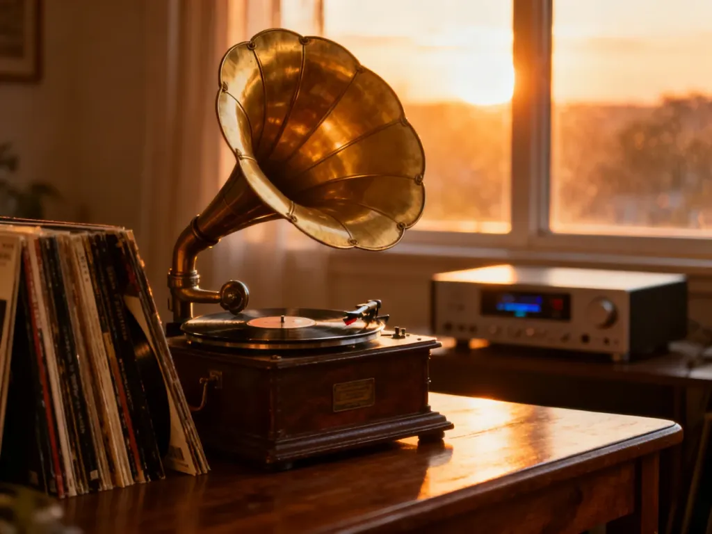 Zabytkowy gramofon i płyty winylowe zestawione z nowoczesnym sprzętem audio, symbolizujące ewolucję polskiej muzyki.